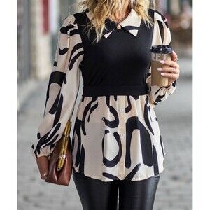 SHEIN Women Blouse Two-Tone Long Puff Sleeve  SZ S